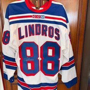 CCM White, Blue & Red Rangers Signed Lindros #88 Hockey Jersey not certified